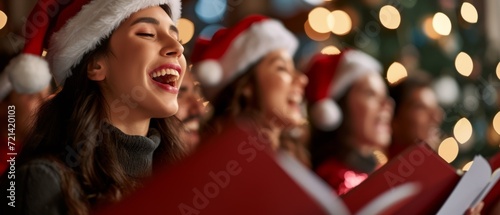 Excited Christmas Choir Embraces Sheet Music While Harmonizing In Celebration. Сoncept Holiday Concert, Festive Singing, Choral Performance, Vocal Ensemble, Christmas Music