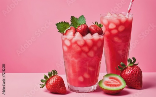 A picture of a drink with strawberries and watermelon on a pink background.