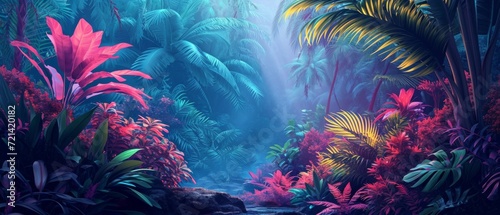 Exquisite Graphic Art Showcasing A Mesmerizing Tropical Landscape With Vibrant Botanical Elements. Сoncept Virtual Reality Gaming, Urban Street Art, Impressionist Paintings, Wildlife Photography