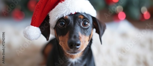Festive Canine Adventures As A Joyful Pup Dons A Santa Hat. Сoncept Holiday Pet Portraits, Santa Paws Photoshoot, Festive Doggy Fun, Pup In A Santa Hat, Canine Christmas Cheer