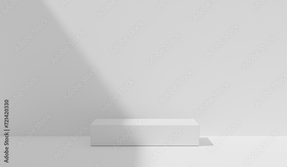 Podium product placement natural sunlight shadow on white plaster wall background. Space for text. Studio branding interior concept. Pedestalfor overlay on product presentation, 3d render Podium product placement natural sunlight shadow on white plaster wall background. Space for text. Studio branding interior concept. Pedestalfor overlay on product presentation, 3d render