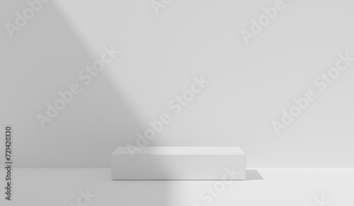 Podium product placement natural sunlight shadow on white plaster wall background. Space for text. Studio branding interior concept. Pedestalfor overlay on product presentation  3d render
