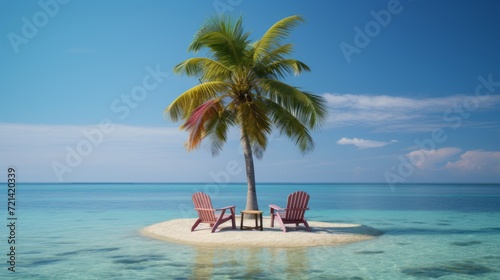 deckchairs under palm trees on a lonely sand island in the middle of the ocean