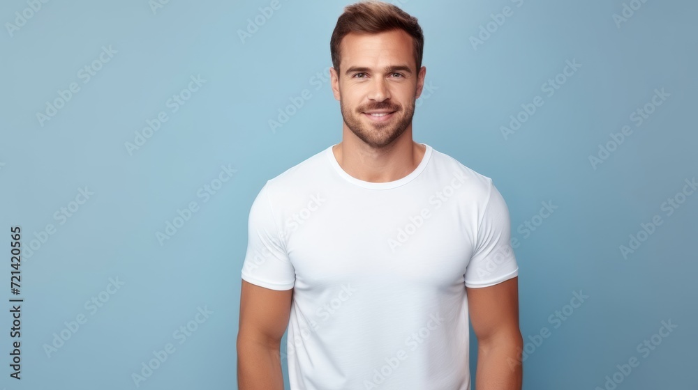 attractive strong man in white mock-up T-Shirt, looking into camera attractive strong man in white mock-up T-Shirt, looking into camera