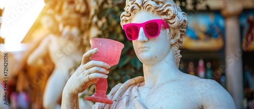 Greek Statue Of Dionysus Sporting Pink Shades And Holding A Pink Goblet. Сoncept Artistic Mashup, Mythology Meets Pop Culture, Statue With A Twist, Playful Deity, Pink Dionysus photo