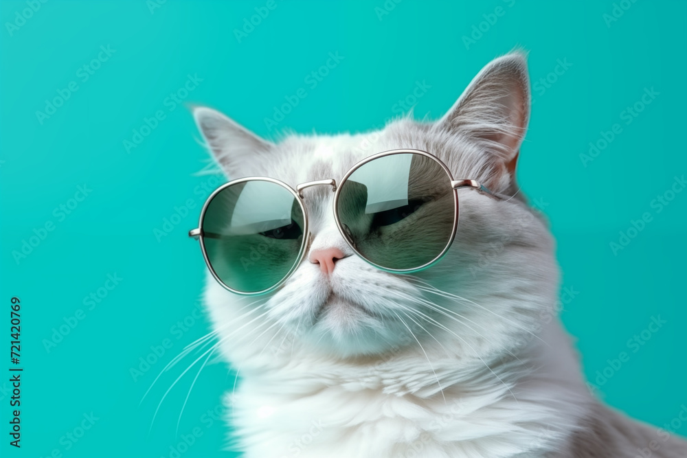 A black/white cat in sunglasses over turquoise, in the style of vintage aesthetics.