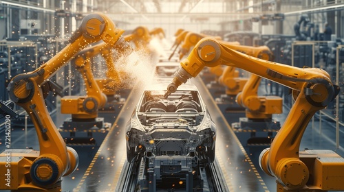 Automotive production line featuring advanced robotic arms engaged in the assembly of modern cars