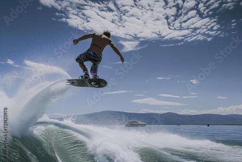 Thrilling Action Captured: Wakeboarder Launching into the Air photo