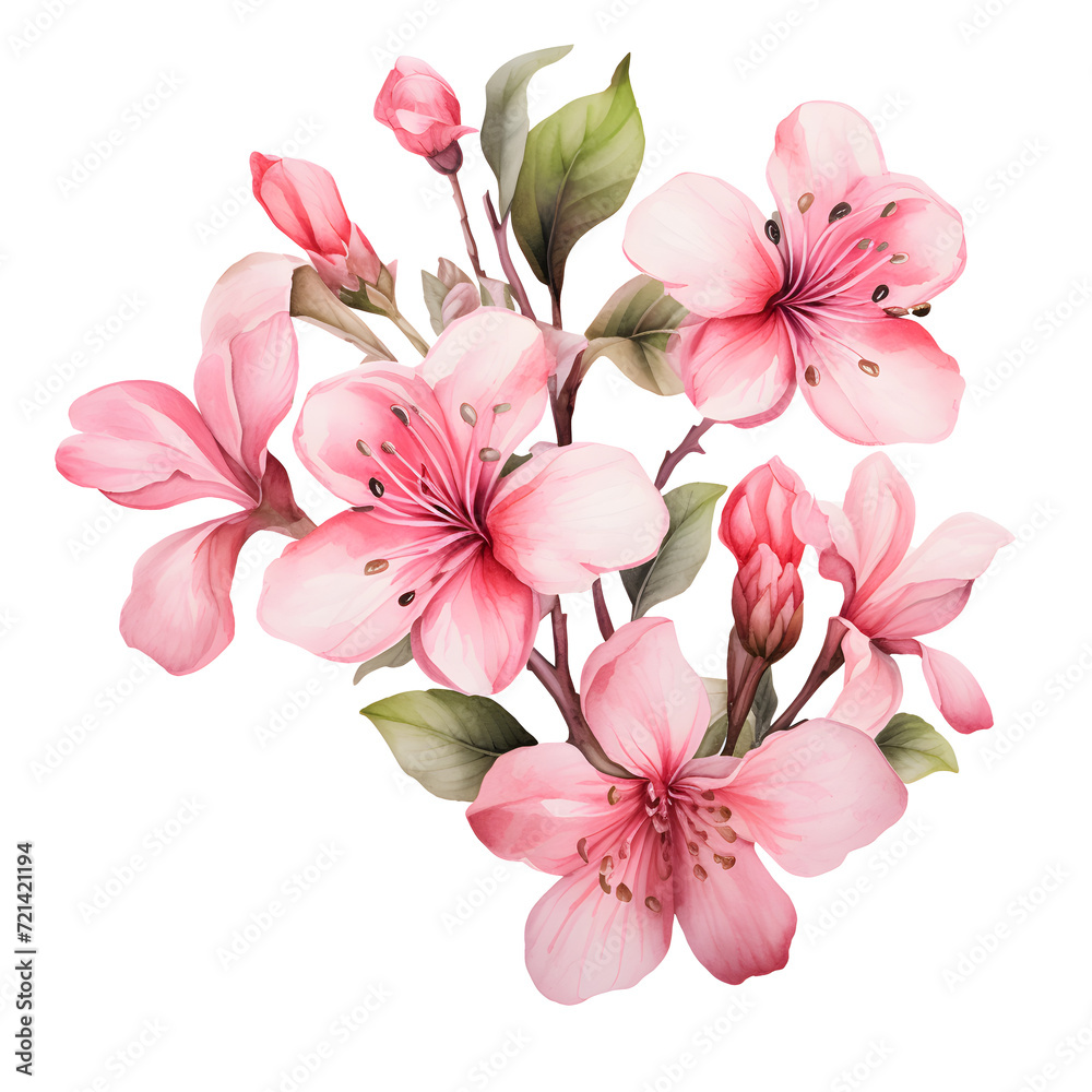 Spring sakura cherry blooming flowers bouquet. Isolated on png background realistic pink petals, blossom, branches, leaves vector set. Design spring tree illustration