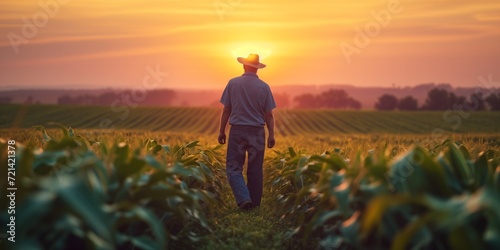 Serene Farmer Strolls Through Dawnlit Cornfield, Capturing The Essence Of Rural Agriculture, Copy Space. Сoncept Rustic Farmhouse, Harvest Season, Countryside Landscapes, Farmer's Market Finds