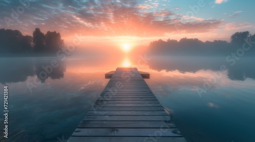 Serene Lake Dock Surrounded By Mist At Sunrise, Invoking Tranquility And Serenity, Copy Space. Сoncept Romantic Beach Sunset, Adventure Travel, Pet Portraits, Vintage-Inspired Photos