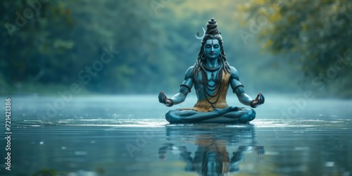 Serene Depiction Of Lord Shiva Meditating, Embodying Divine Tranquility, Copy Space. Сoncept Soothing Nature Landscapes, Relaxing Beach Scenes, Majestic Mountain Views, Enchanting Forests photo