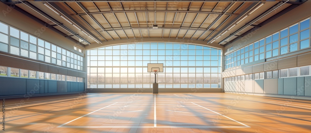Spacious Indoor Basketball Court With A Panoramic View And Room For Text. Сoncept Urban Graffiti Art, Serene Beach Sunset, Winter Wonderland, Vibrant Fall Foliage