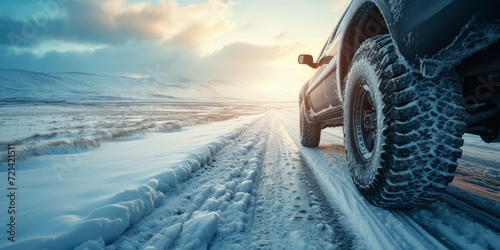 Snowy Road With Winter Tires, Navigating Icy Conditions And Ensuring Safety, Copy Space. Сoncept Winter Driving Tips, Snowy Road Safety, Navigating Icy Conditions, Winter Tires, Copy Space
