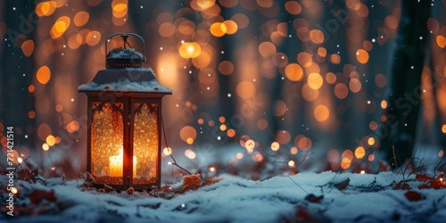 Snowcovered Lantern With Festive Lights  Set Against A Wintry Forest Backdrop  Copy Space.   oncept Snowy Winter Landscapes  Festive Lantern Decor  Winter Wonderland Photography