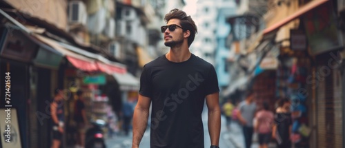 Stylish Man Rocks Timeless Black Tee, Strolling Through Urban Streets. Сoncept Street Style Fashion, Men's Urban Outfits, Timeless Tees, Stylish City Looks