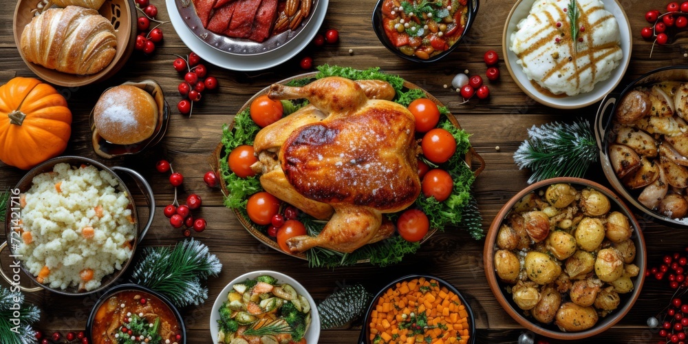 Traditional Christmas Feast With Roast Chicken And Delightful Accompaniments, Filled With Family Joy, Copy Space. Сoncept Winter Wonderland, Cozy Cabin Retreat, Festive Holiday Decor