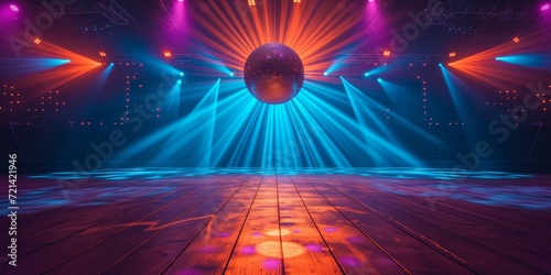 Vibrant Disco Stage Illuminated By A Sparkling Disco Ball Groovy Dance Vibes, Copy Space. Сoncept Beach Sunset Romance, Urban Street Art Exploration, Adventure Travel Photography