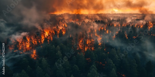 Aerial Perspective Of A Devastating Wildfire Consuming Trees And Emitting Orange Smoke, With Copy Area. Сoncept Wildfire Destruction, Devastating Flames, Orange Smoke, Aerial Perspective, Copy Area