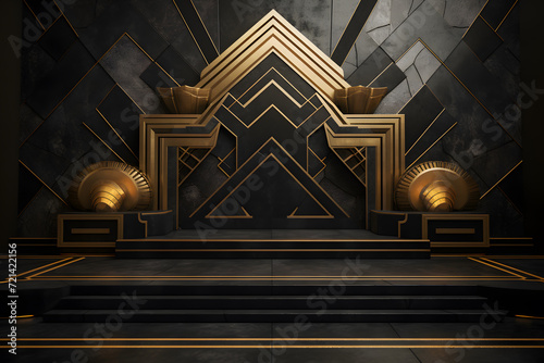 gold and black product display Stone podium art deco patterns as backdrop 