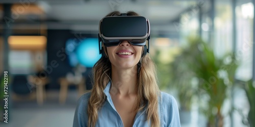Woman In Virtual Reality Glasses Smiles Against Blurred Office Backdrop, Copy Space. Сoncept Virtual Reality Experience, Office Scene, Smiling Woman, Blurred Background, Copy Space