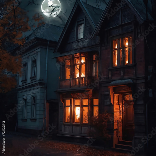 Halloween background with haunted house, full moon and pumpkins. 3D rendering