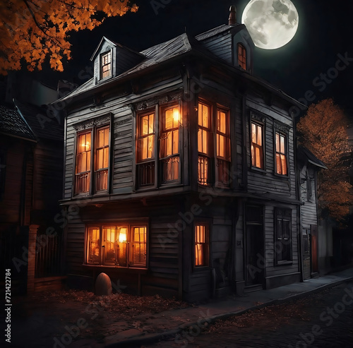 Halloween background with haunted house and pumpkins. 3D rendering © Arda ALTAY