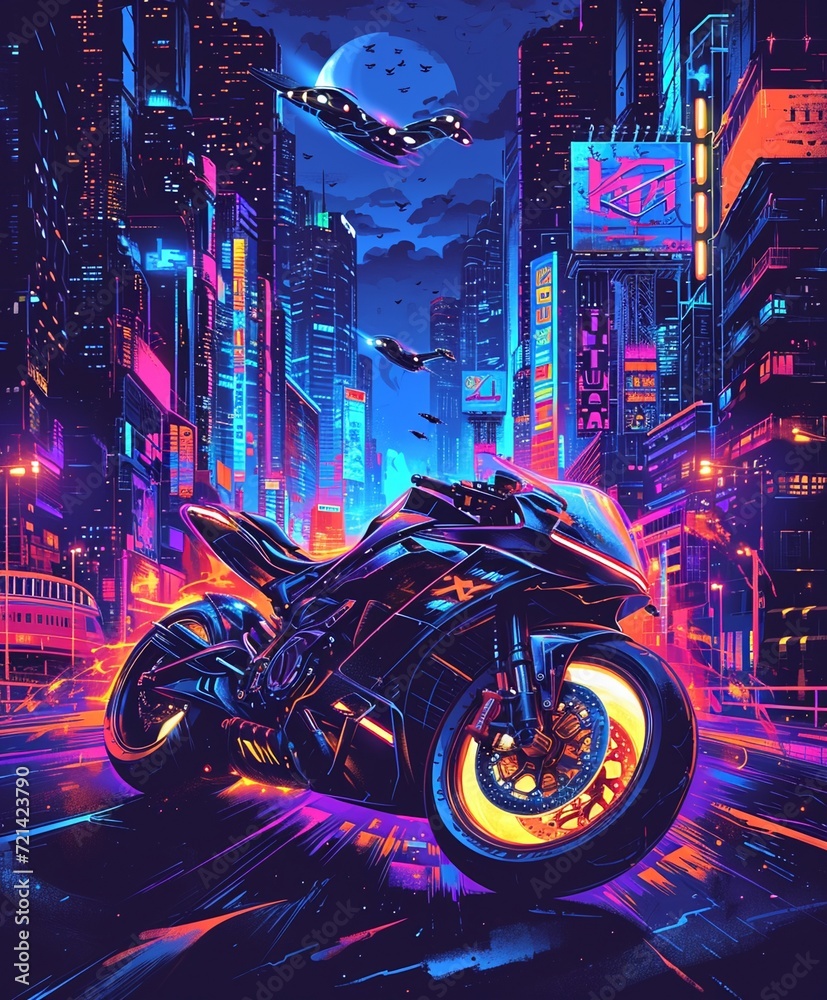 illustration of a futuristic motorcycle in a neon cityscape