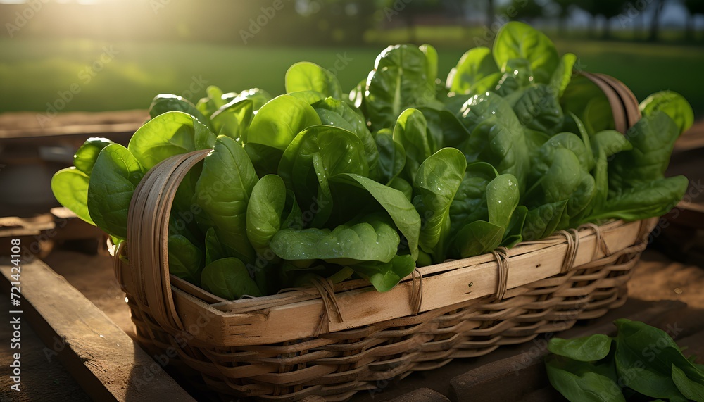 spinach in a basket. spinach in box. fresh spinach leaves in basket on wooden table. spinach in nature. spinach harvest season. leafy green Spinacia oleracea - obrazy, fototapety, plakaty 