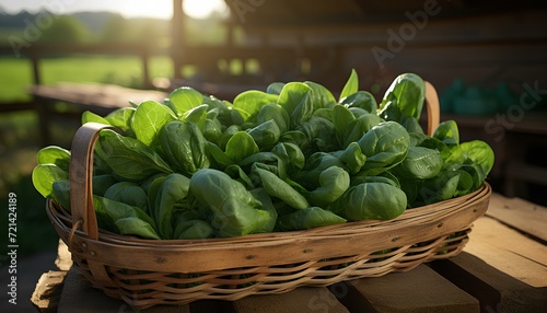 vegetables in a basket. spinach in a basket. spinach in box. fresh spinach leaves in basket on wooden table. spinach in nature. spinach harvest season. leafy green Spinacia oleracea