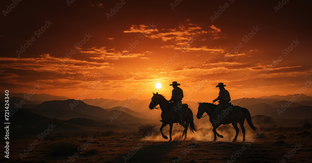Two cowboys on horseback, silhouetted against the fiery orange sky, gallop on their trusty steed towards the setting sun.