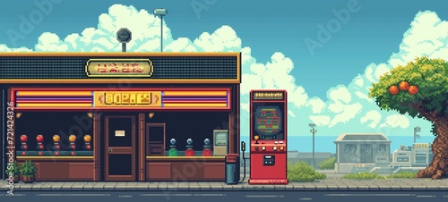 Pixel art illustration of a retro arcade storefront with a closed sign, gumball machines, and a standalone game machine, set against a serene urban backdrop. photo