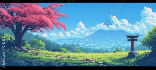 Pixel art landscape featuring a vibrant cherry blossom tree and traditional torii gate with a majestic mountain backdrop  exuding peace and natural beauty in a serene outdoor setting.