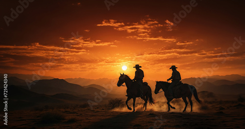 Fotótapéta Two cowboys on horseback, silhouetted against the fiery orange sky, gallop on their trusty steed towards the setting sun