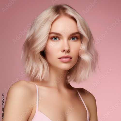 woman for skin ads on pink background