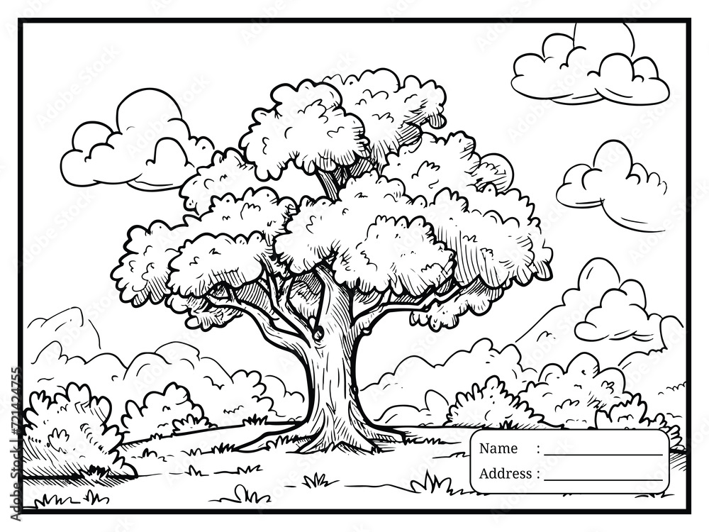 Tree coloring page for kids hand drawn flowers coloring book illustration