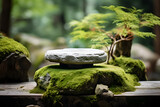 Stone podium Zen garden as backdrop tranquil moss green