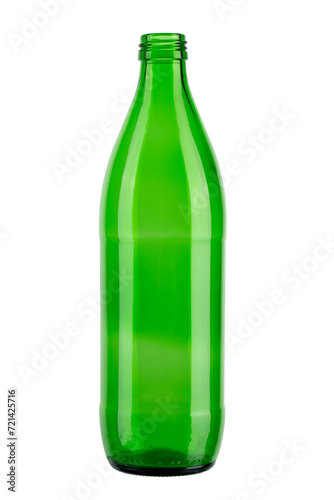 Empty green glass bottle without cap. Isolated on white background.