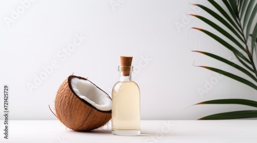 Tincture bottle of Coconut on table. Tincture with fresh Coconut extract. Herbal medicine. For banner,poster, site. Minimalism. Food photography. Horizontal format