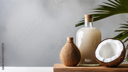Tincture bottle of Coconut on table on gray background. Coconut tincture lotion. Herbal medicine. For banner,poster, site. Photo AI generated.