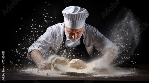 An Italian male Chef putting on an apron and a chef's hat, prepares dough for pasta, pizza, bread on a black background. The cooking process in the kitchen.