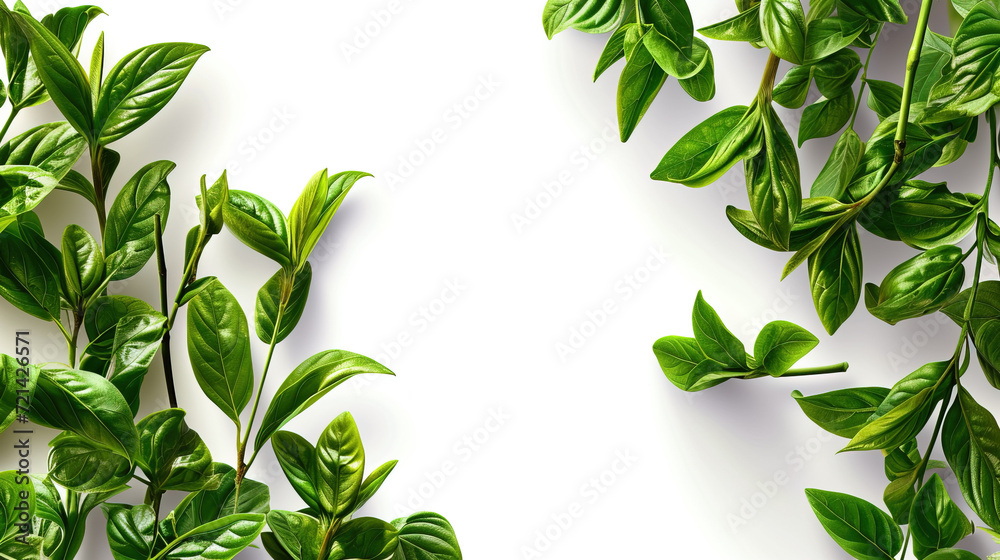 Obraz premium Floral spring frame of bright green decorative leaves on a white background. Spring diagonal pattern with place for text. Minimalism. View from above.
