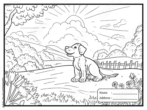Dog coloring page for kids hand drawn book illustration