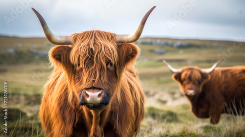 Close-Up of Majestic Highland Cow. A close-up view of a Highland cow with a detailed look at its long horns and textured fur.