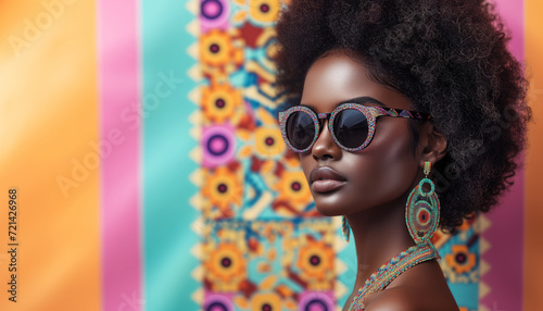Beautiful modern african swag model, wearing jewelery, sunglasses with dark Afro hair, against colorful background with African ethnic ornaments