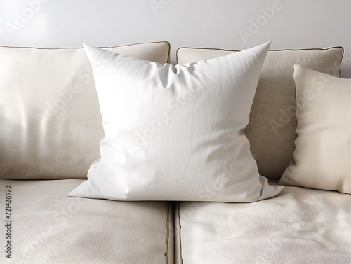 3d mockup of a white cushion on a cream-coloured sofa, inside a minimalist, modern room. Exposed to sunlight coming in from outside the window. Created with Generative AI.