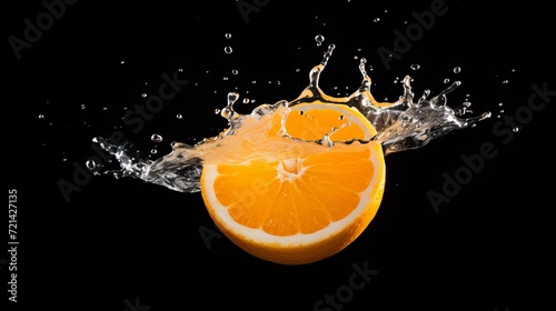 A black background is the backdrop for half of an orange.
