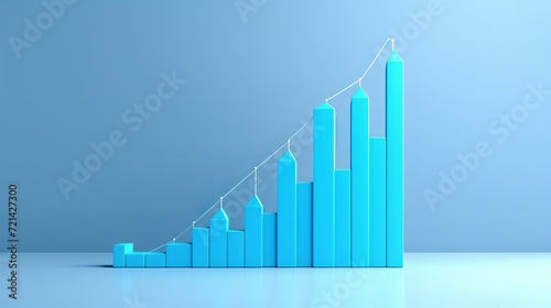 A blue background features a growth bar graph with an arrow and marketing icon or symbol for online shopping  which is part of a 3d illustration concept for ecommerce.
