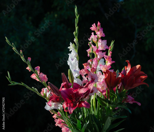 Bouquet de lys rouge et roses, lys Anastasia, Montezuma, Dizzy et glaïeuls (jardin du ruisseau de léglise 2023)
 photo