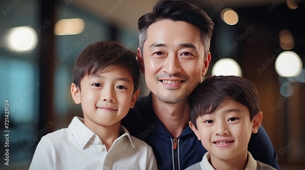 A close-up shot of a father and his sons looking at the camera. A close-up shot of a father and his sons looking at the camera.
